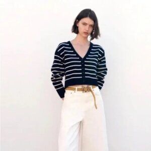 Zara Navy Blue & Cream Striped Button-down Sweater Cardigan